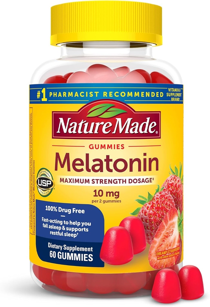 Nature Made Melatonin 10mg ανά σερβίρισμα Gummies, μέγιστη δοσολογία δύναμης, 100% δωρεάν βοήθεια ύπνου για ενήλικες, 60 Melatonin Gummies, 30 ημέρες προσφοράς