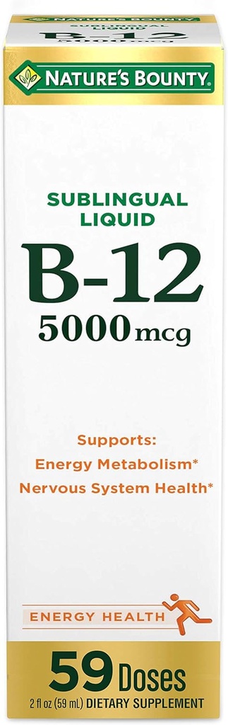 Nature's Bounty Vitamin B12 5000 mcg Sublingual Liquid, Cardiovascular Health & Cellular Energy Support, 2 Fl Oz (1 Count)