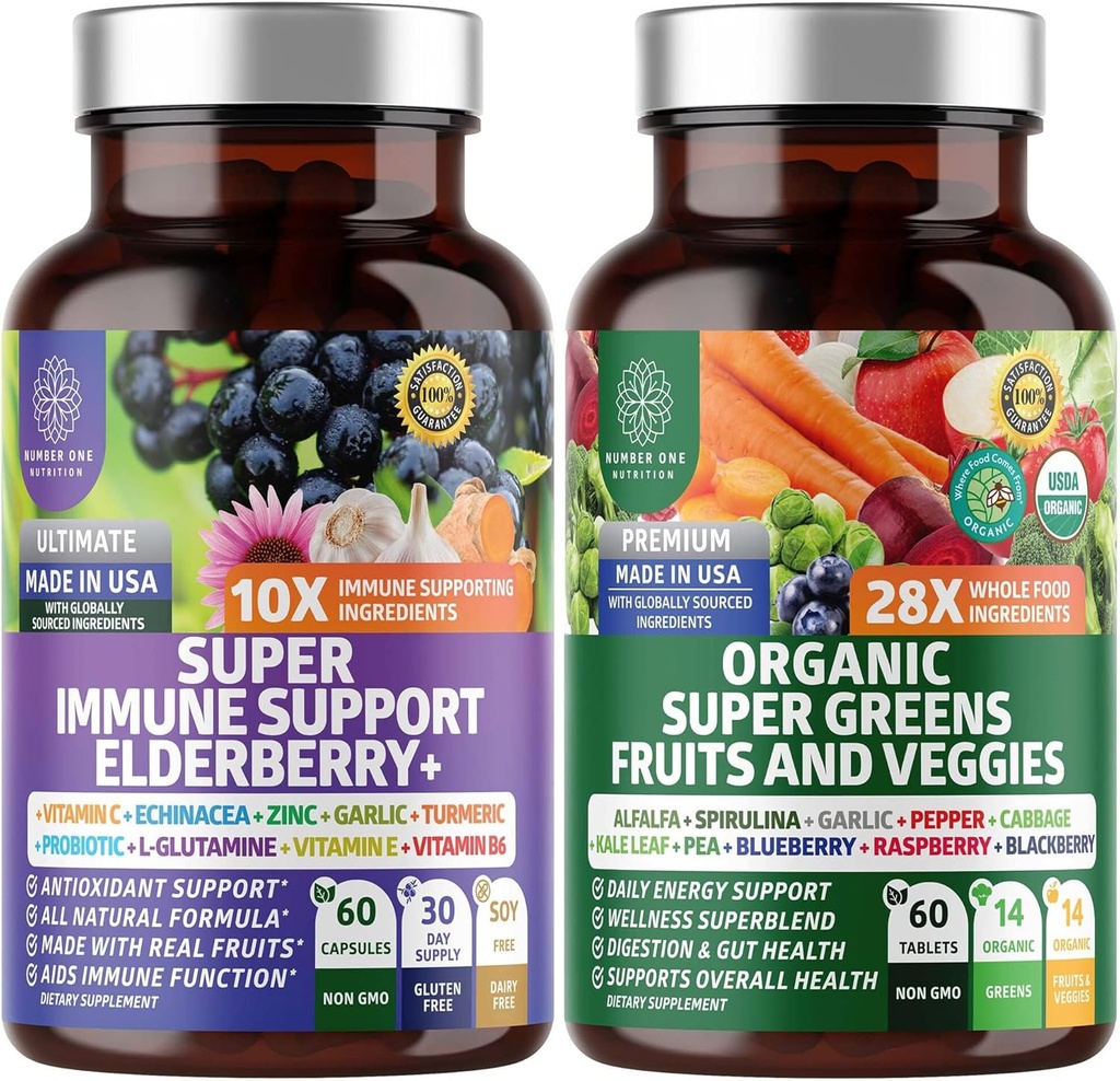 N1N Premium Organik Süper Meyveler ve Veggies + Immune Support [38 Güçlü Malzemeler], Doğal Süper Yeşiller Alfalfa, Vitaminler ve Mineraller, çinko, Turmeric ve Probiyotik, 120 Caps