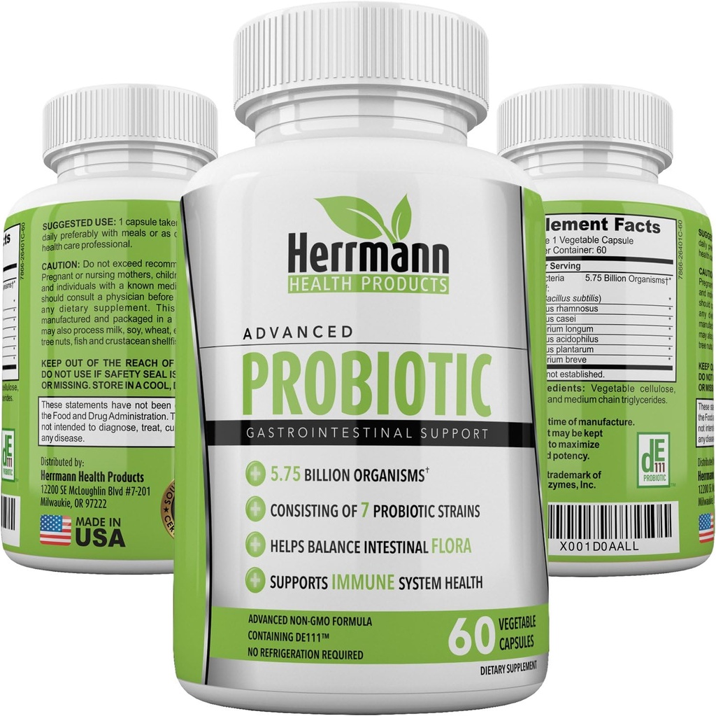 Herrmann Sağlık Ürünleri tarafından Probiyotikler | Erkekler ve Kadınlar için Probiyotikler | Yüksek Potency 7 Strain Formula | 575 Milyar Organizmleri EN Capsule | Non-GMO Consisting of DE111TM | GMP sertifikalı 60 Capsules