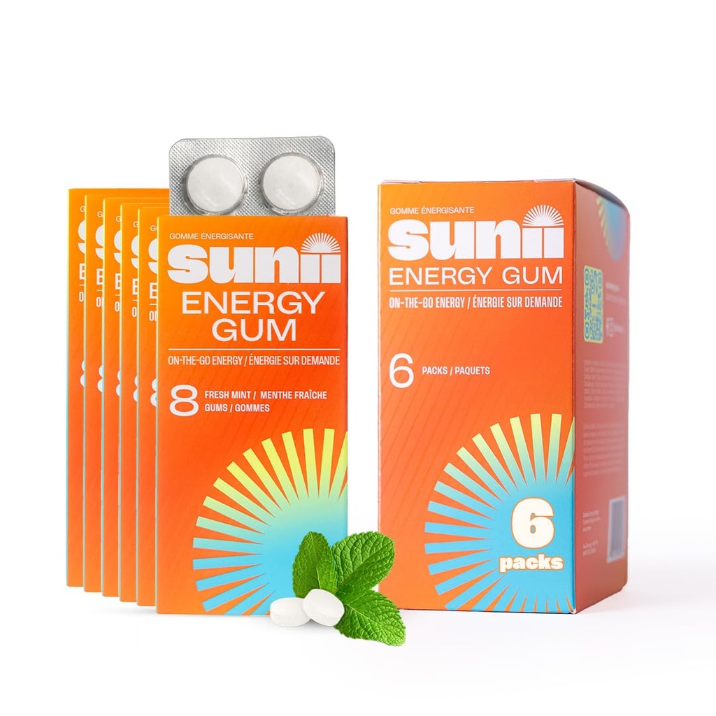Sunii - Enerji Gum - NEW Quick Boost Energy & Focus - 50 mg Caffeine Gum -Vitamins B6 & B12, Taurine, Vegan, No Sugar, Zero Calorie, Fresh Mint Taste - Faster than Chews, Drinks, Gels & Pills (48par)