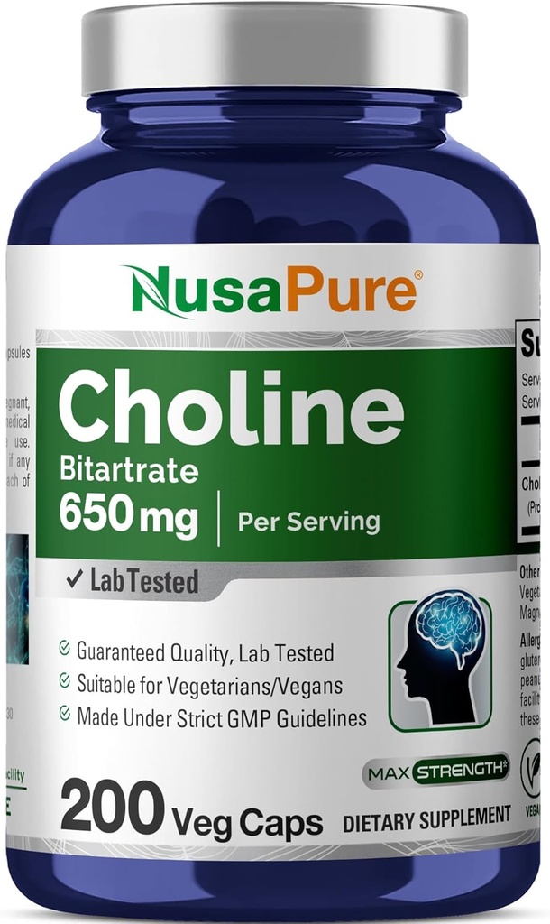 NusaPure Choline Bitartrate 650 mg 200 κάψουλες Veggie (Ζιζανιοκτόνα, μη ΓΤΟ, Vegan)