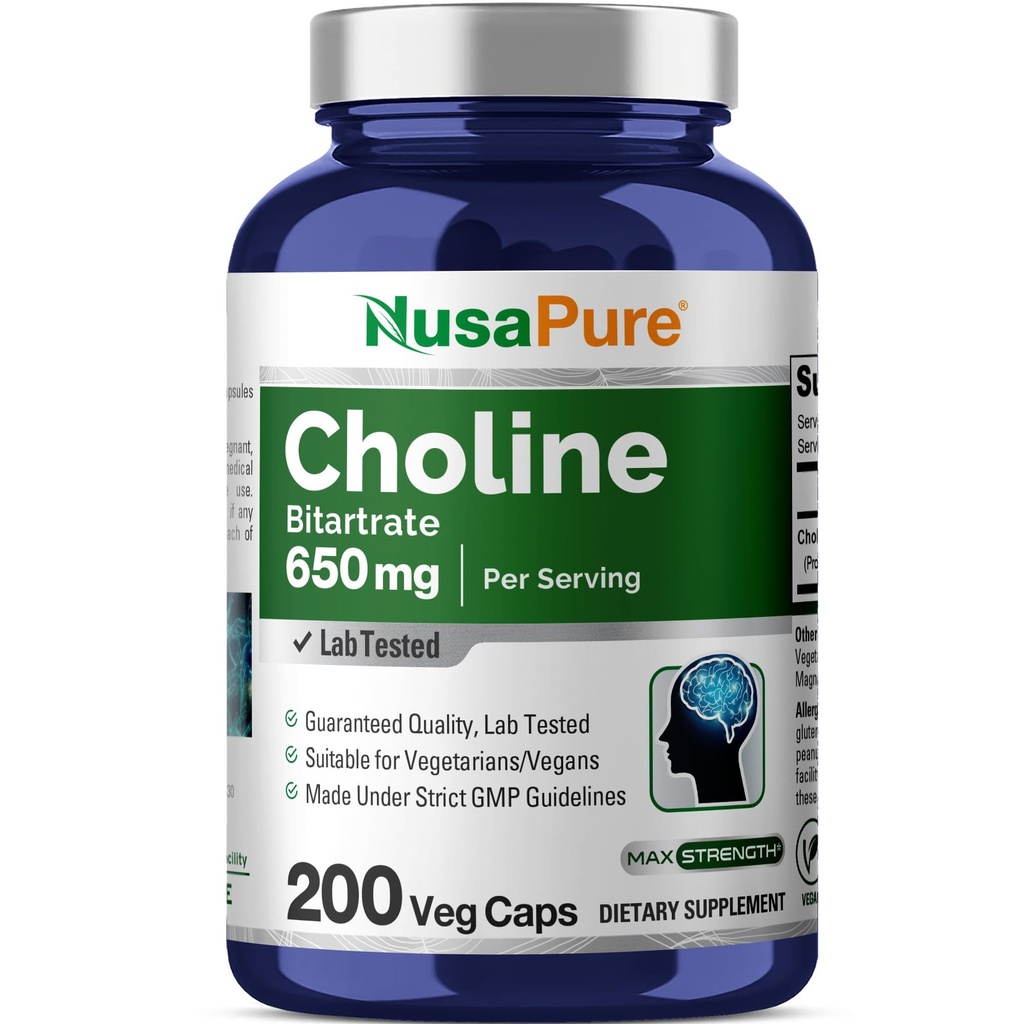 NusaPure Choline Bitartrate 650 mg 200 Veggie Capsules (Vejetary, Non-GMO, Vegan)