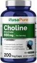 NusaPure Choline Bitartrate 650 mg 200 Veggie Capsules (Vejetary, Non-GMO, Vegan)