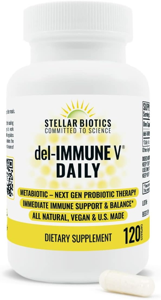 Del-Immune V® Daily by Stellar Biotics, All-Natural Immune Support & Gut Health, Immediate Care, Metabiotic: NextGen Probiotic Therapy (120 Caps)