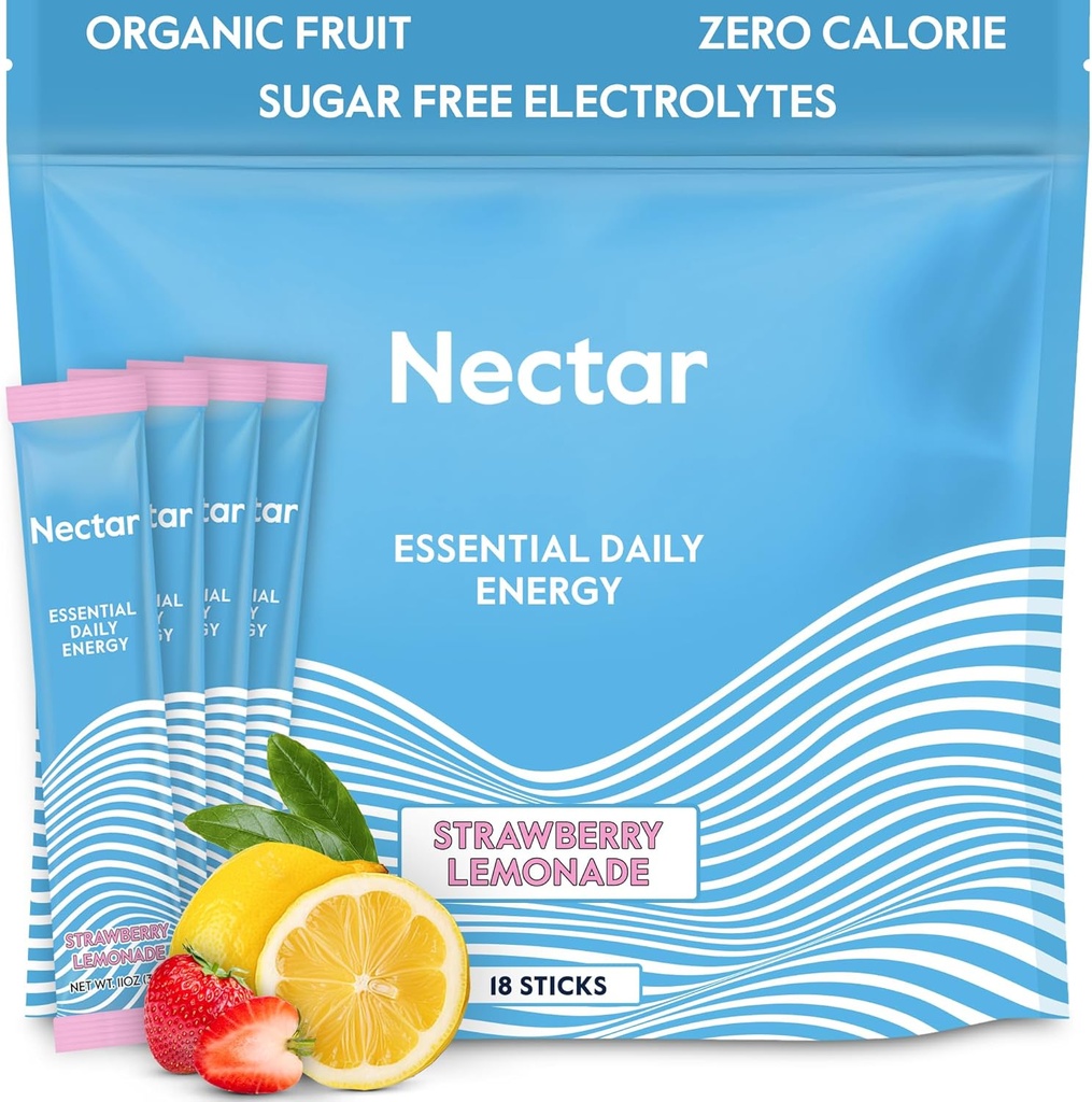 Nectar Energy Booster - Βιολογική καφεΐνη, B12 & ηλεκτρολύτες - Ζάχαρη Χωρίς & Μηδέν θερμίδες – Υγιεινός καφές, Ενεργειακό Ποτό & Εναλλακτική Σόδα – Ενυδάτωση & Ενεργειακό Συμπλήρωμα (Straw. Λεμονάδα 18 Πακέτα)