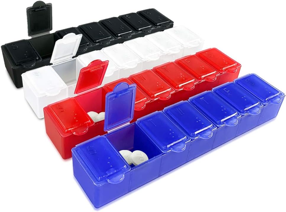 USA Merchant - 7 Günlük Küçük Pill Box with Snap Close Lids - Haftalık Pill Organizer 4 Times bir gün veya 28 Günlük Teklifler - 4 Ayrı 7 Gün Pill Konteynerleri Vitaminler, Tamamlar ve Tıp