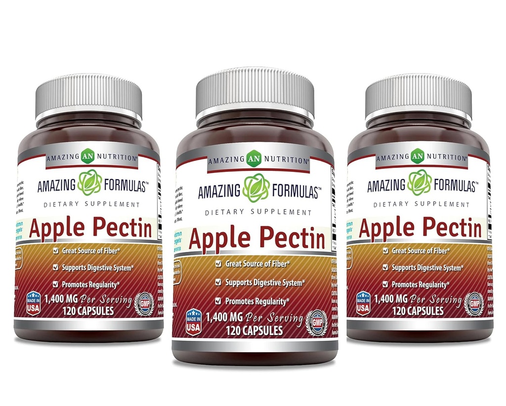 Amazing Formulas Apple Pectin 1400 mg Per Service Supplement | Capsules | Non-GMO | Gluten Free | Made in USA (120 | Count 3 Pack)