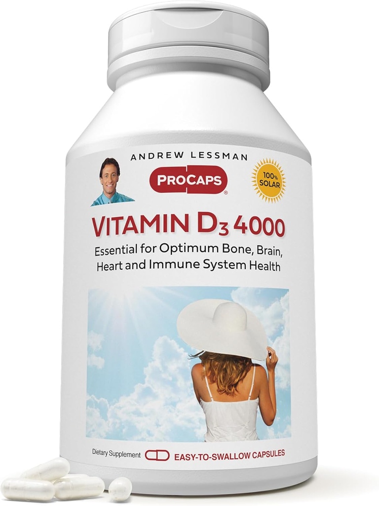 ANDREW LESSMAN Βιταμίνη D3 4000 IU 180 Κάψουλες - Υψηλή ισχύς, Απαραίτητη για την απορρόφηση ασβεστίου, Υποστηρίζει την υγεία των οστών, υγιή μυϊκή λειτουργία, ανοσοποιητικό σύστημα, Περισσότερα.