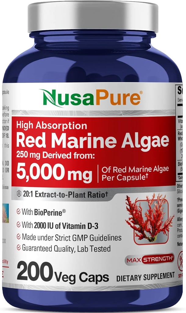 NusaPure Red Marine Algae 20:1 Ekstraksiyon, 250 mg 5000 mg 200 Veggie Capsules (Non-GMO & Soy Free) Bioperine