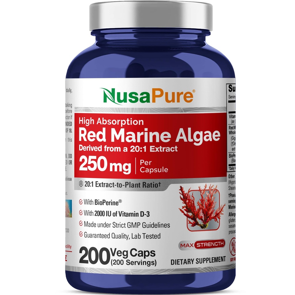 NusaPure Red Marine Algae 20:1 Extract, 250 mg Ισοδύναμο με 5.000 mg 200 κάψουλες Veggie (Non-GMO & Soy Free) Bioperine