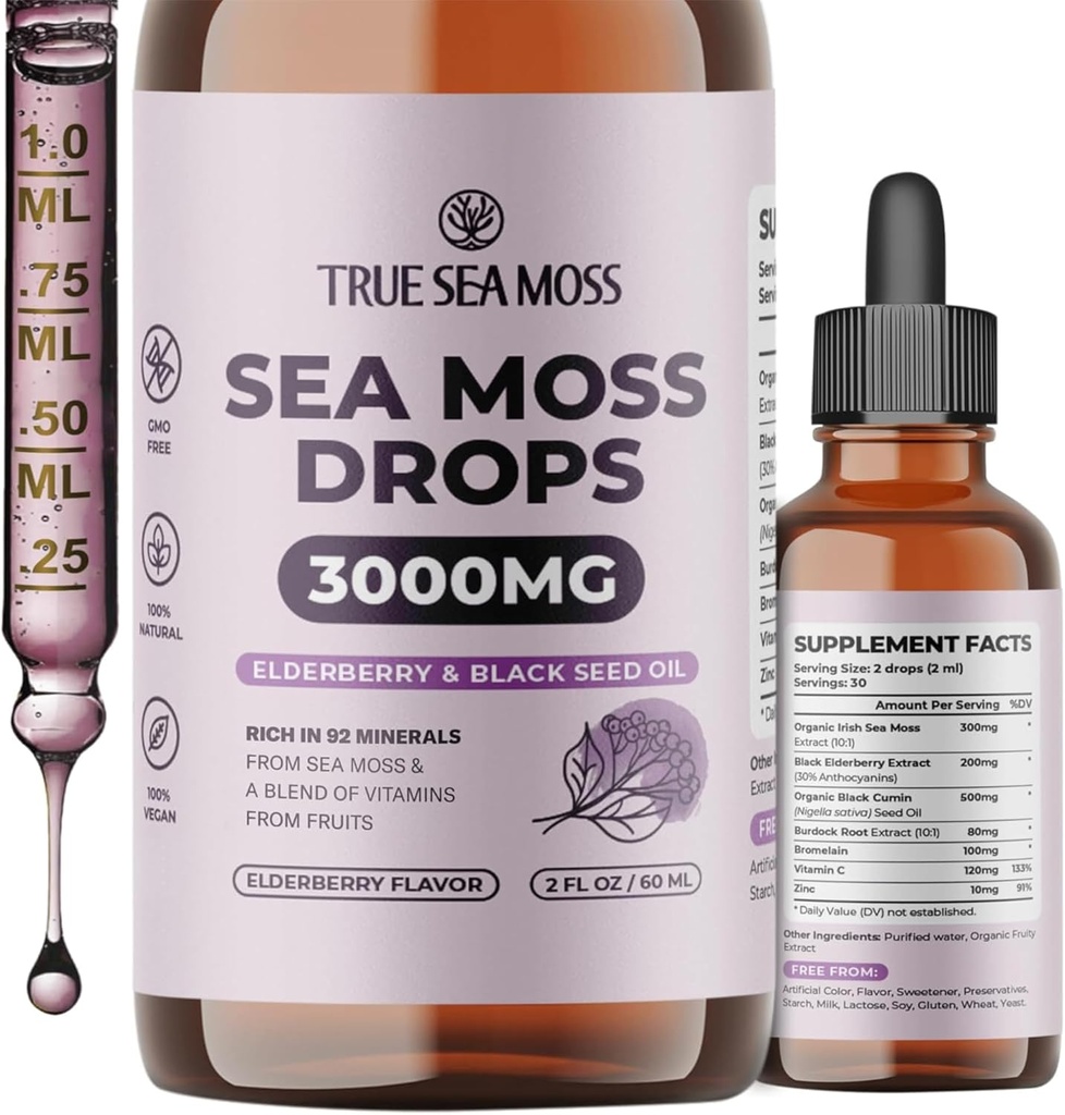 TrueSeaMoss Irish Sea Moss Drops - 5X Stronger Than Sea Moss Gel - 92+ Essentials Minerals - with Black Elderberry, Burdock Root & Black Cumin - 2 Fl Oz (60ml) - Elderberry Flavor
