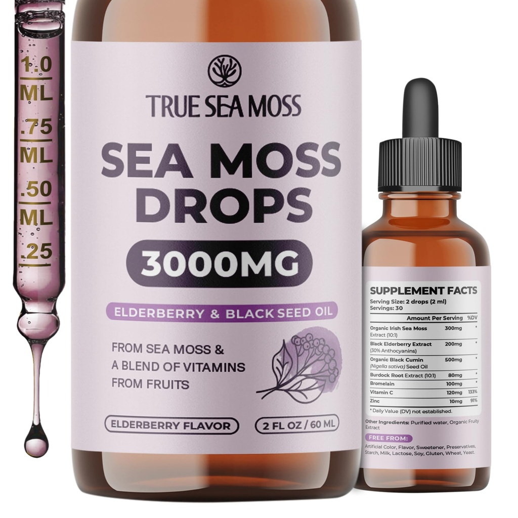 TrueSeaMoss Irish Sea Moss Drops - Sea Moss Gel'den 5X Güçlü Essentials Minerals - Black Elderberry, Burdock Root & Black Cumin - 2 Fl Oz (60 ml) - Elderberry Flavor