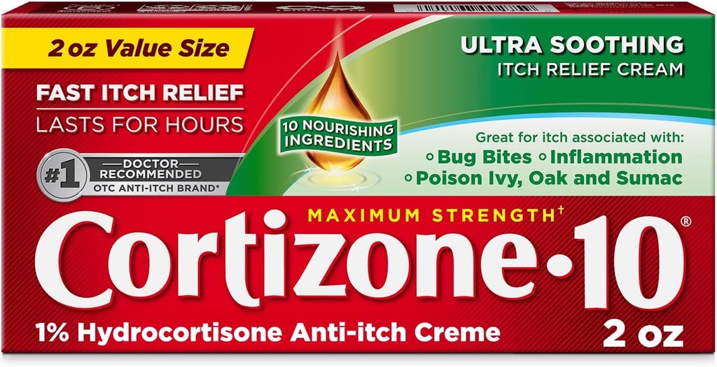 Cortizone-10 Maximum Strength Ultra Soothing Itch Relief Cream, 1% Hydrocortisone, Fast-Acting, Anti-Itch Cream for Bug Bites, Rash, Eczema, Psoriasis, Poison Ivy, Oak, Sumac & More, 2 oz