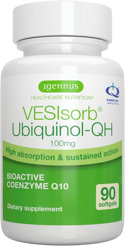 Igennus Advanced VESIsorb Ubiquinol 100 mg 90 Softgels,% 600 Bioavailability, Fast-Acting Water-Claude Coenzyme Q10 Supplement for Energy & Heart, 3Month Supply