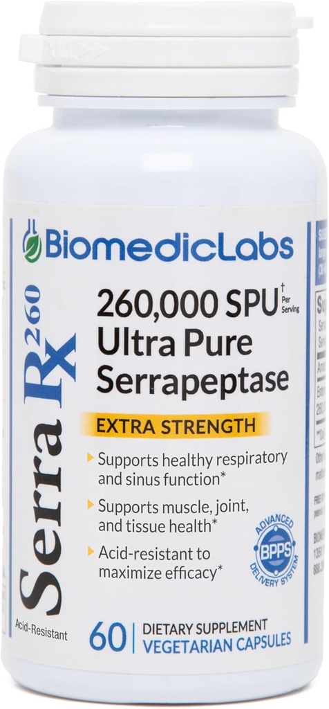 Serra-RX 26.000 SU Serrapeptase -Acid-Resistant Proteolytic Systemic Enzyme, Non-GMO, Gluten Free, Vegan, Supports Sinus, Immune & Lung Health, 60 Veg Capsules