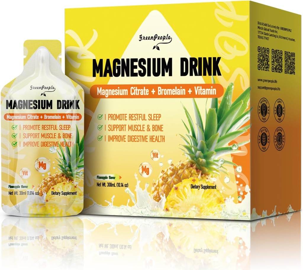 GREENPEOPLE 7-in-1 Magnezyum Citrate Liquid, Magnezyum Citrate Supplements 280 mg Magnezyum, çinko, Bromelain, C D3 B6, Kas & Sleep Support for Kids & Adult, 1 fl.Oz (10Pcs)