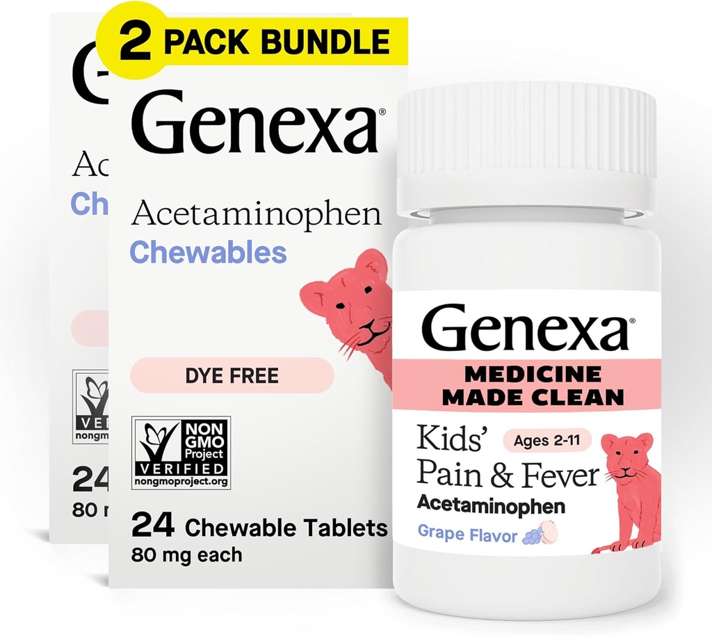 Genexa Παιδικό Καθαρό Πόνος & Πυρετός Acetaminophen Μασώμενα, Βαφή Χωρίς, 0% Τεχνητές Πρόσθετες, Νόστιμο άρωμα σταφυλιού, Μασώμενη Ιατρική για Παιδιά 2-11, 80 mg ανά δισκίο, 48ct (2 Συσκευασία)
