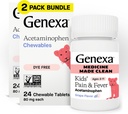 Genxa Kids' Clean Pain & Fever Acetaminophen Chewables, Dye Free, 0% Yapay Katkılar, Delicious Grape Flavor, Chewable Medicine for Children 2-11, 80 mg per Tablet, 48ct (2 Pack)
