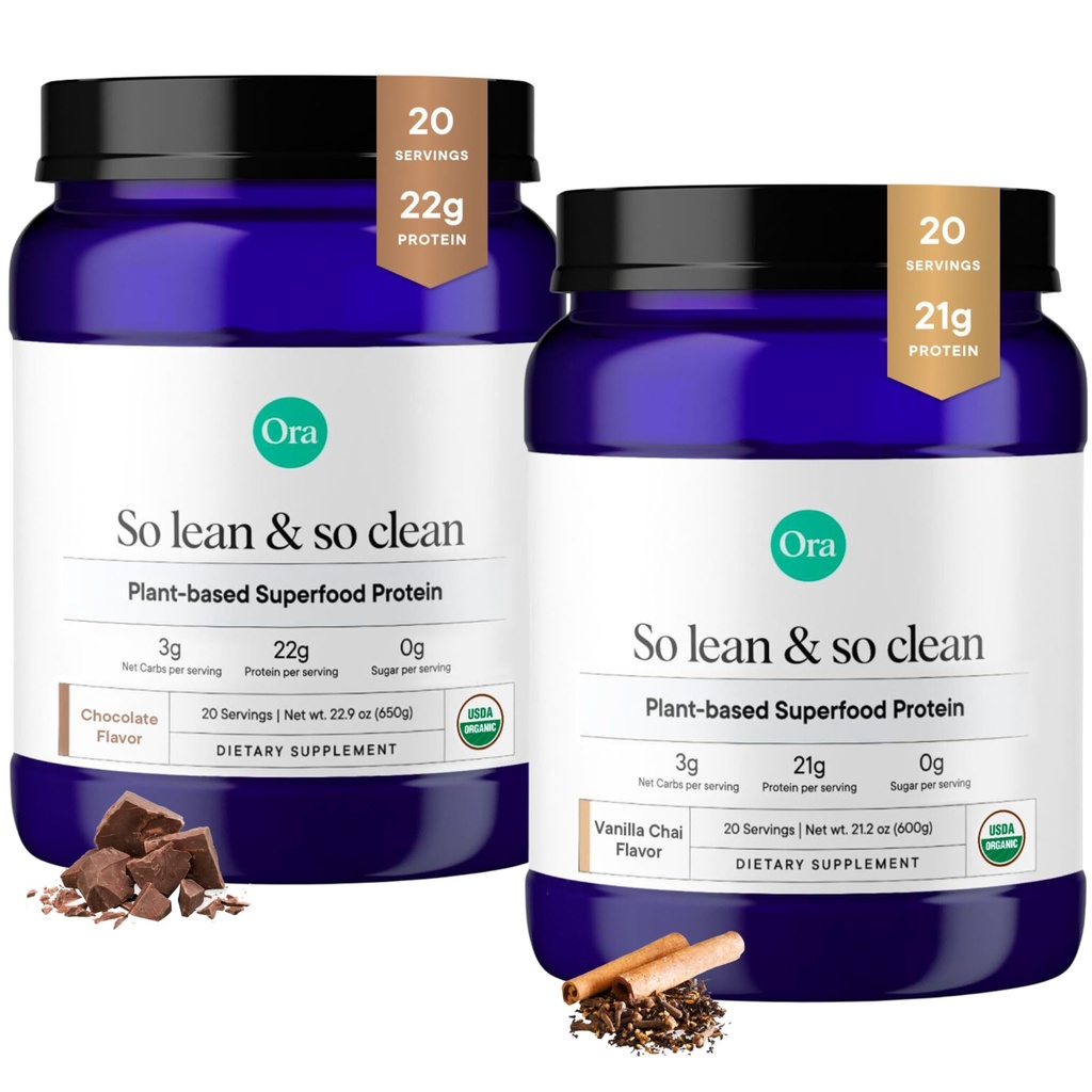 Organic Vegan Protein Powder Vanilla Chai & Chocolate Bundle: 21g Πρωτεϊνική σκόνη με βάση το φυτό, Vanilla Chai Flavor, 20 υπηρεσίες + 22g Πρωτεΐνη με βάση το φυτό, Σοκολάτα Γεύση, 20 υπηρεσίες