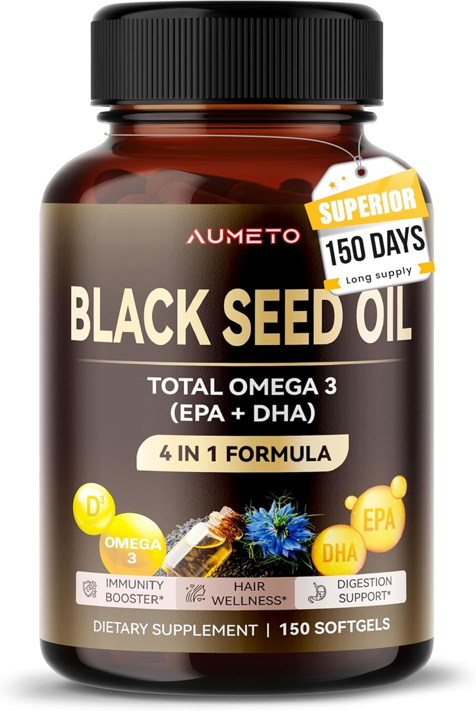 Organik Siyah Tohum Yağı - 150 Softgel -% 100 Cold Pressed Source of Omega 3 (EPA + DPA) - Skin, Saç, Immune Support (150 Kont)