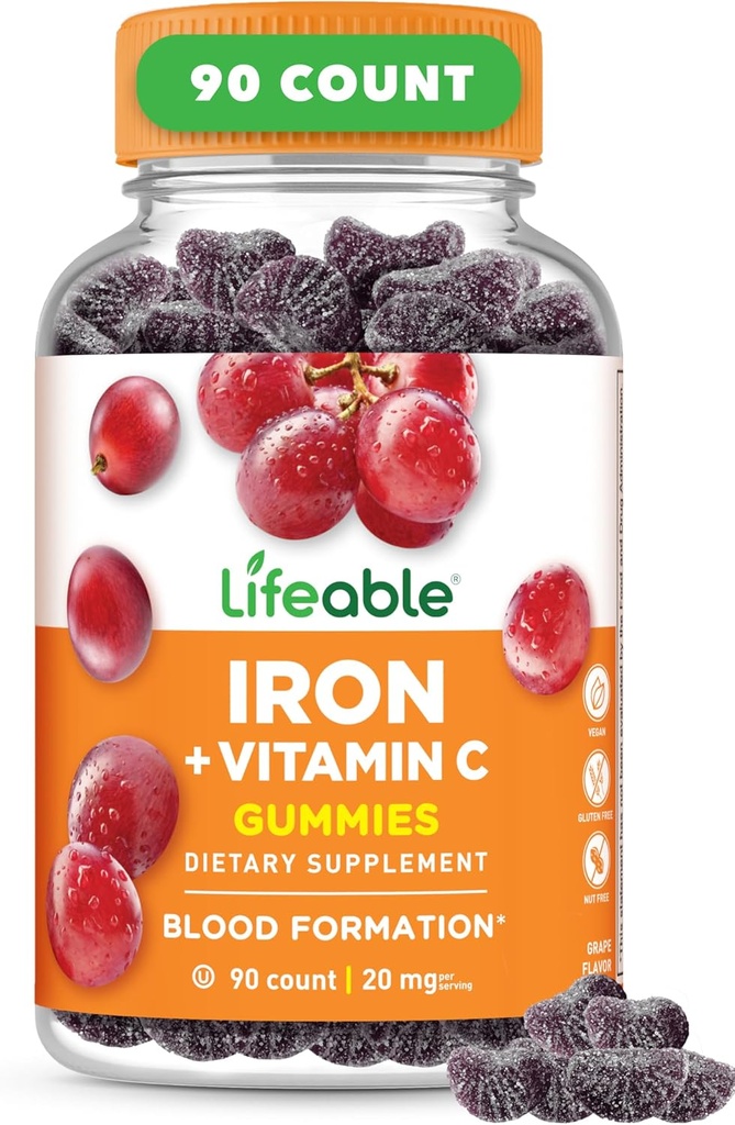 Lifeable Iron Gummies | 20mg | Vitamin C | Great Tasting Blood Builder Iron Supplement | Iron Deficiency için C vitamini ile Demir Gummies | Kadınlar için Demir Gummies, Erkekler, Yetişkinler | 90 Gummies