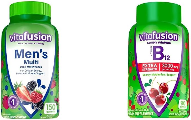 Erkekler için vitafüzyon Yetişkin G Vitaminleri (Berry Flavored) + Vitafüzyon Ekstra Güç Vitamini B12 Gummy Vitaminleri (Cherry Flavored)
