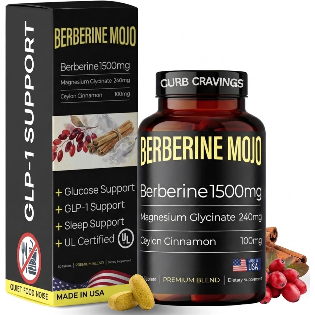 Berberine Supplement 1500 mg ile Magnezyum Glycinate 240 mg & Ceylon Cinnamon 100 mg - Doğal Kilo Yönetimi, Gut Health, High Potency & Abxia, USA'da Yapıldı - 60 Tablet