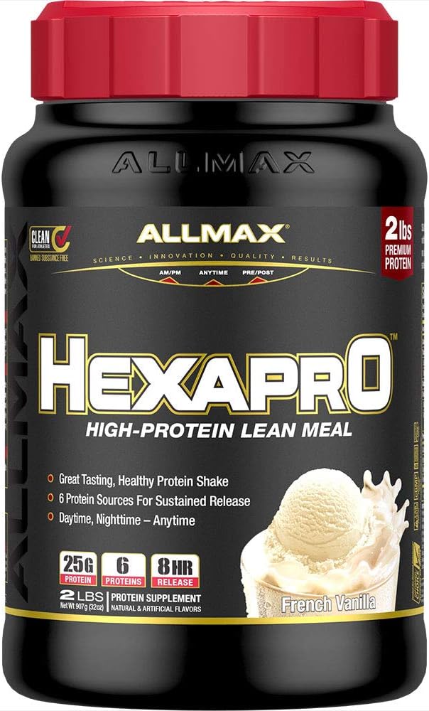 ALLMAX HEXAPRO, Fransız Vanilla - 2 lb - 25 Protein Per Serviste 25 Gram - 8 Saat Sustained Salı - Zero Sugar - 21 Hizmet