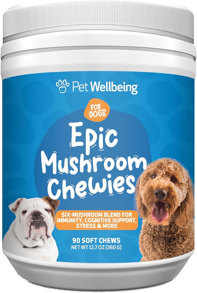 Pet Wellbeing Epic Mushroom Chewies for Dogs - Ανοσοποιητική υποστήριξη, Γνωστική υγεία, Adaptogenic υποστήριξη στρες με Reishi, Chaga, Mane Manage Λειτουργικά Μανιτάρια Λιονταριού - Veterinian-Formulated 90 Μαλακά μάσημα