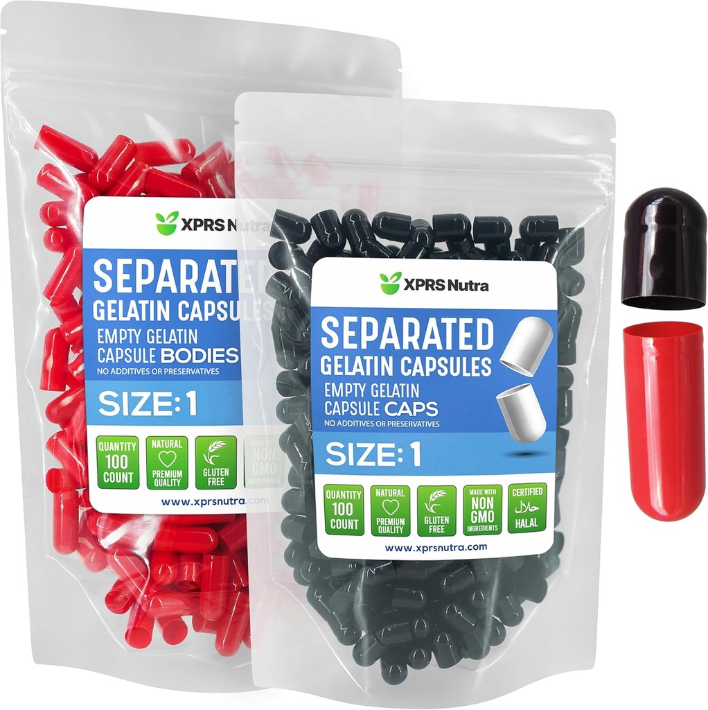 XPRS Nutra Boyutu 1 Gelatin Ayrılı Kapsüller - 100 Kont Boş Pill Capsules Çantada Ayrıştı - DIY Supplement (Black/Red) için Boş Pills