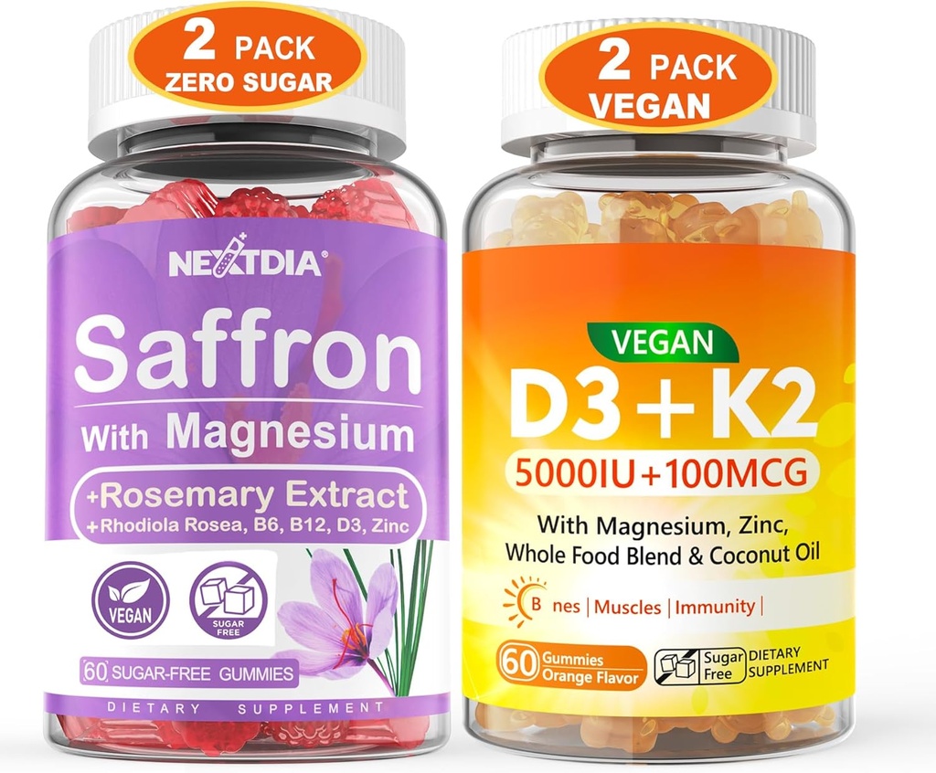 2Pack Saffron Supplements Gummies + 2Pack Vegan Vitamin D3 5000IU K2 Gummies, Whole Food Mix, Coconut Oil, Magnezyum Oil, Magnezyum Oil, Magnezyum Oil, Magnezyum