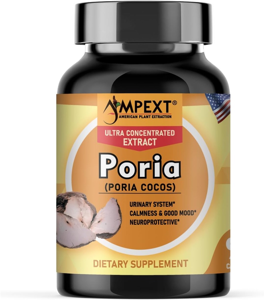 Poria Cocos Mushroom Extract - Premium Quality, Only Fruiting Bodies Extract, Antioksi, Kidney Support, Calmness & Good Mood, Cardiovascular Boost, 90 Veg Caps.