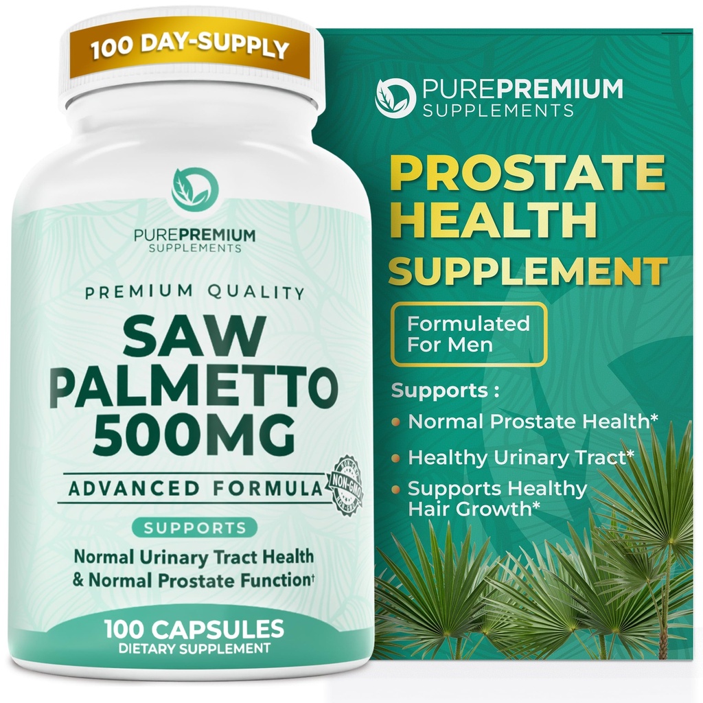 PurePremium Saw Palmetto Erkekler / Kadınlar için 500 mg - En Güçlü Saw Palmetto Ekstraksiyon | Toz Capsules Supplement - Destek Normal Urinary Tract, Prostate Health/Hair - 3 Ay Supply - 100 Tabletler