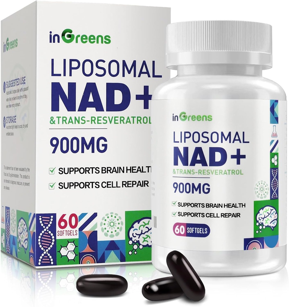 900 mg Liposomal NAD+ Trans Resveratrol 300 mg ile birlikte, NMN, Üstün Aborpsiyon, True NAD Plus DNA Onarımı ve NAD+, Aging Defense, Energy, Longevity, 60 Softgels