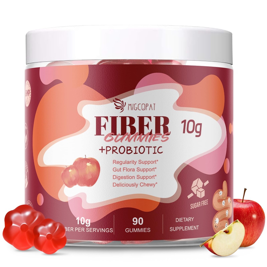 Ίνες Gummies με προβιοτικά, 10G Ίνες ανά σερβίροντας χωρίς ζάχαρη Προστέθηκε Apple Γεύση, με 10 δισεκατομμύρια CFU Προβιοτικά Blend, μηλίτη του μήλου Ξίδι, βιταμίνη C, Ινουλίνη, Bloating Υποστήριξη 90 κόμης