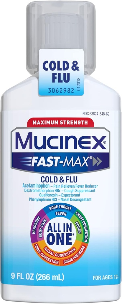 Mucinex Fast-Max maksimum Güçlü All-in-One Cold & Flu, 9 oz Şişe, On Headaches, Body Pain, Sore Throats, Tit Congestion, Cough, Nasal/Sinus Congestion, and Sinus Basınç