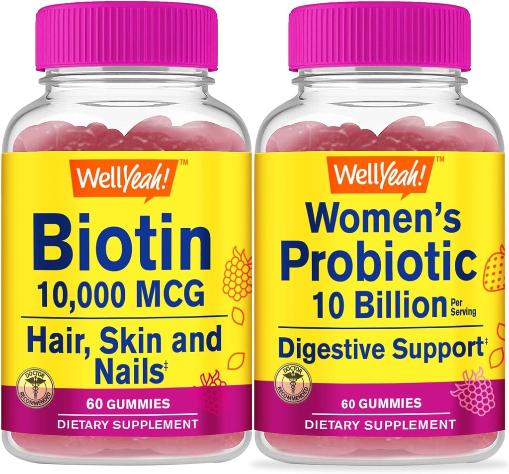 WellYes High Potency Biotin + Probiyotiks Women 10B CFU, Gummies Sche - Great Tasting, Vitamin Supplement, Gluten Free, GMO Free, Chewable Gummy