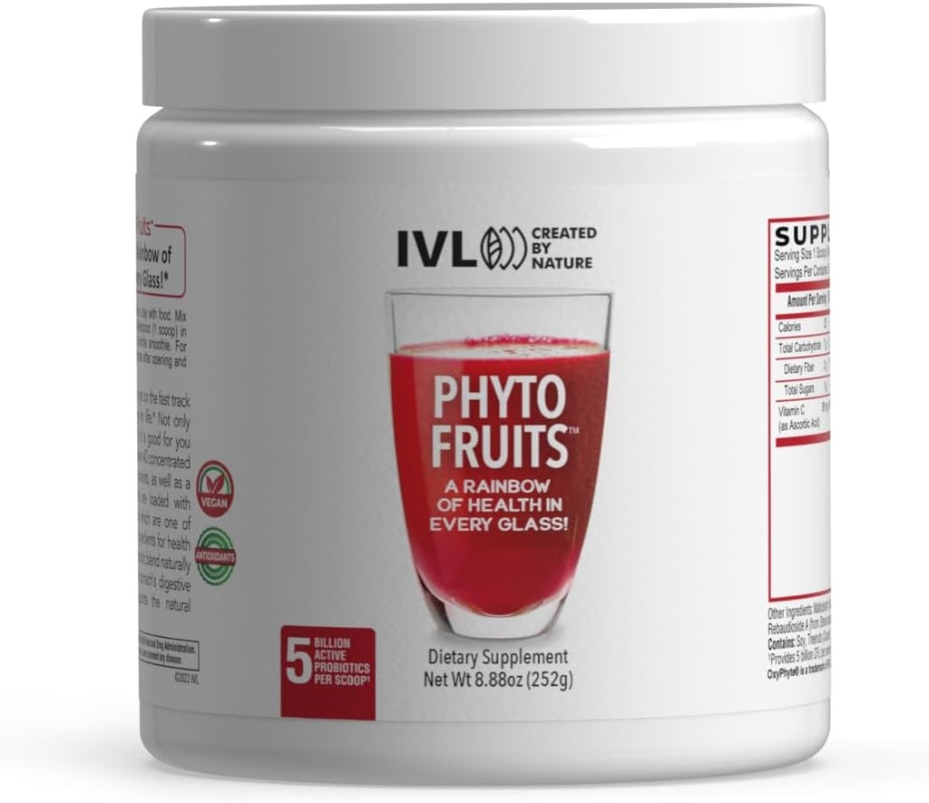 IVL - Phyto Fruits Superfood Toz - Destek Enerji - Digestive & Probiyotik - Antioksi - Vegan - 40 Meyve ve Nutrients Plus 6 Probiyotik Strains (30 hizmet, 8.88 oz)