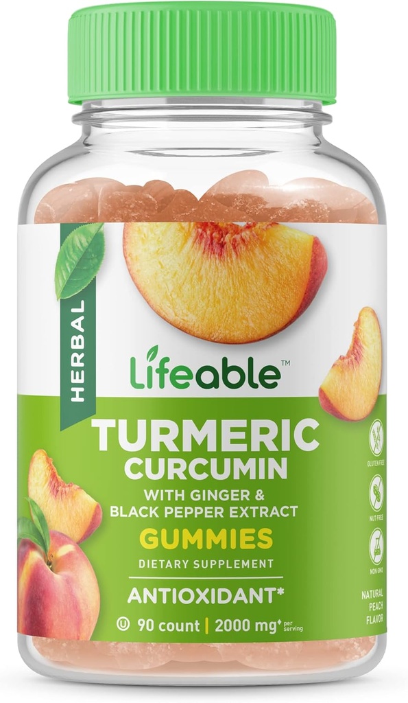 Lifeable Turmeric Curcumin with Ginger & Black Pepper Extract – 2000 mg – Great Tasting Natural Flavor Gummy –Vegetarian GMO-Free Supplement – 90 Gummies