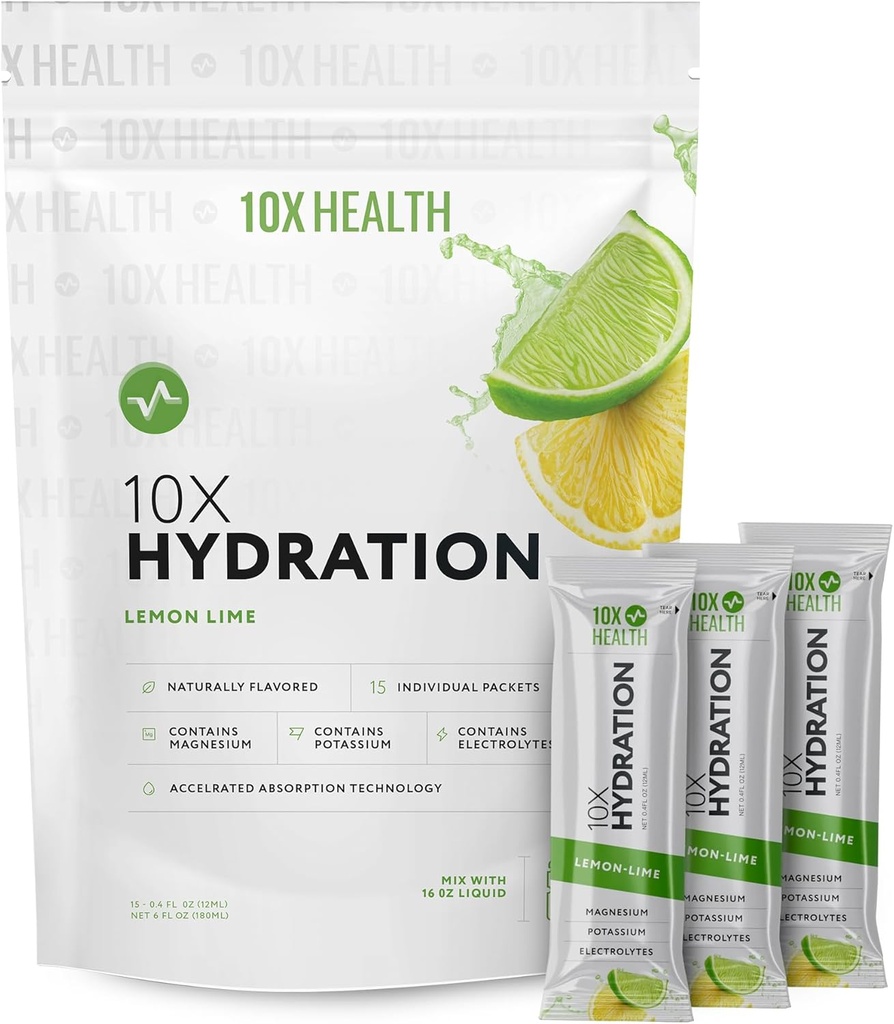10X Health Hydration Packets Lemon Lime Electrolyte Drink Mix Liquid 15 Stickpacks with Magnezyum Citrate, sodyum & P properties - Natural Flavored Electrolyte