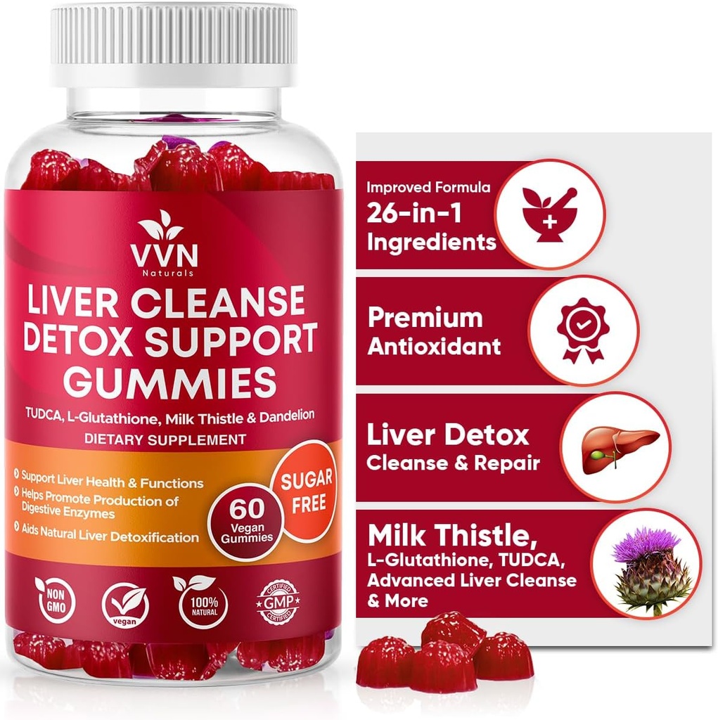 VV Naturals Sugar-Free 26-in-1 Liver Cleanse Detox & Tamir Fatty Liver Formula Gummies; 3000 mg Glutathione, Silymarin Milk Butle, Choline, TUDCA | Liver Detox Gummies - 60 Vegan Ct