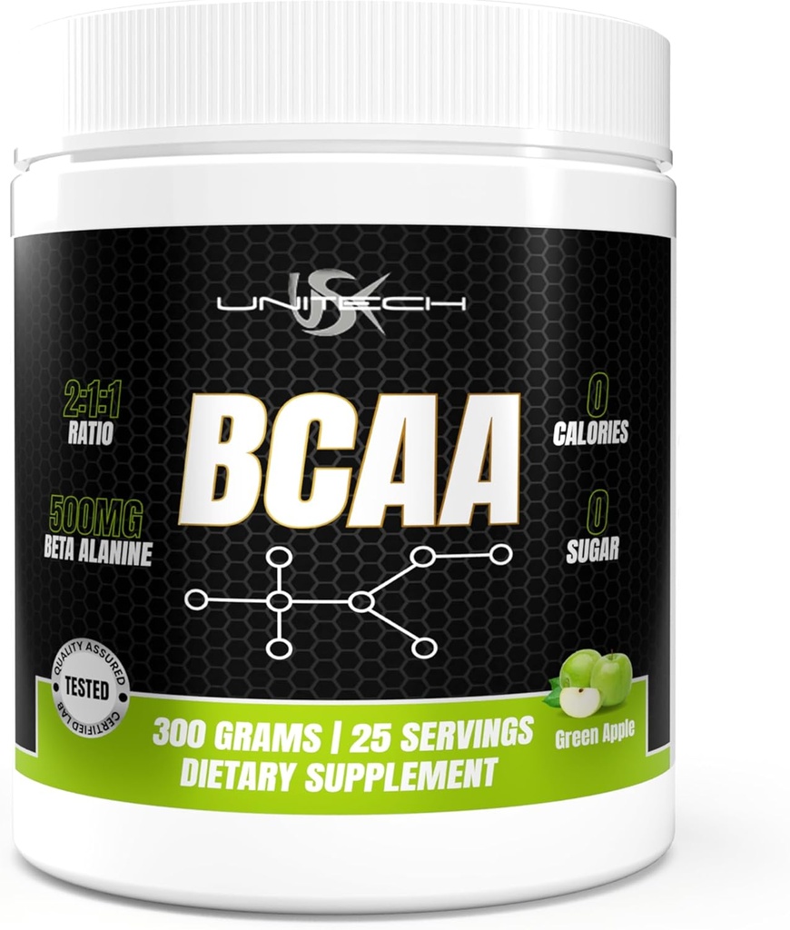 Unitech USK BCAA | Muscle Recovery için İşout Supplement, Endurance Support & Nutrient Abors | Zengin C, B6, Valine, Leucine & Isoleucine | Green Apple Flavor, 300g