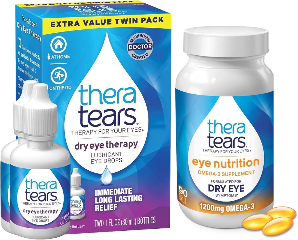 TheraTears 1200 mg Omega 3 Supplement for Eye Beslenme, and VIT E, 90 Kont Eye Eye Drops for Kuru Eyes, Twin Pack, 30mL 1 Fl oz Every (Pazarlama May Vary)