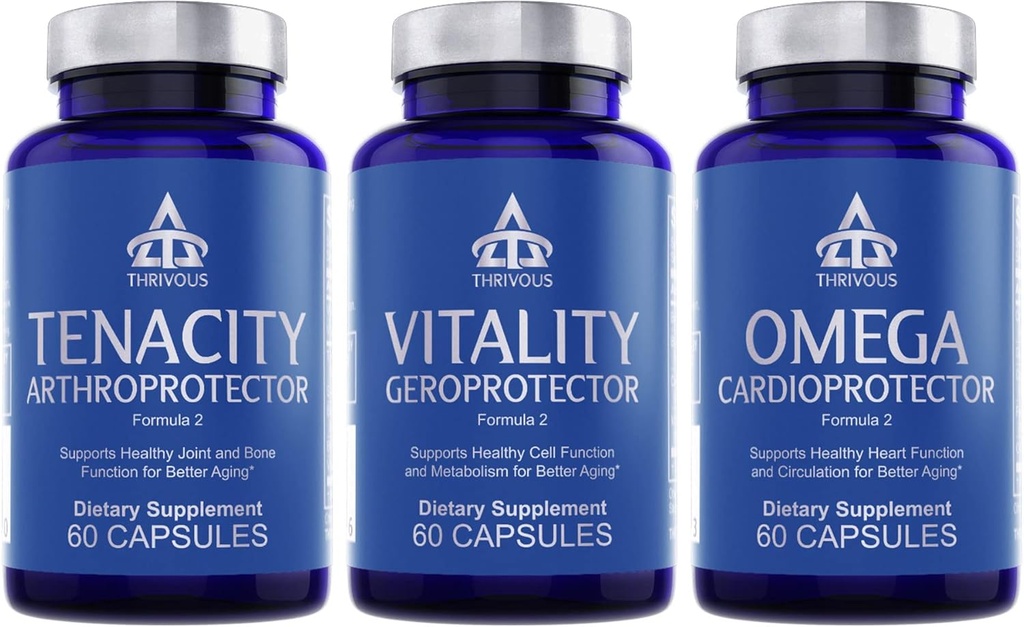 Thrivous Geroprotector Stack – Vitality + Tenacity + Omega Longevity Sche for Metabolic, Joint & Heart Support – 180 Vegan Capsules