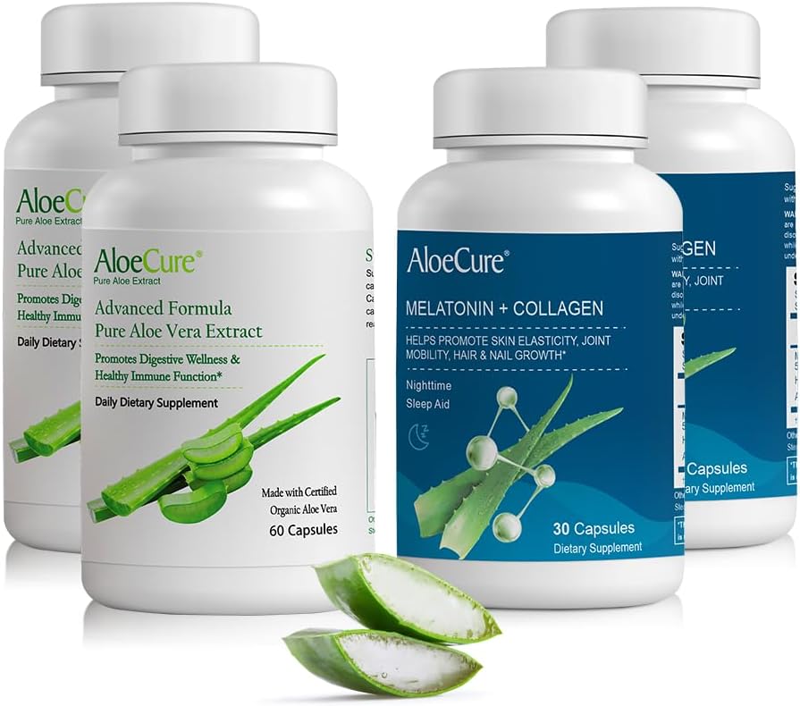 AloeCure Organik Aloe Vera Capsules Pack - 4 Adet - 2 x Melatonin + Collagen, 2 x Aloe Vera Capsules