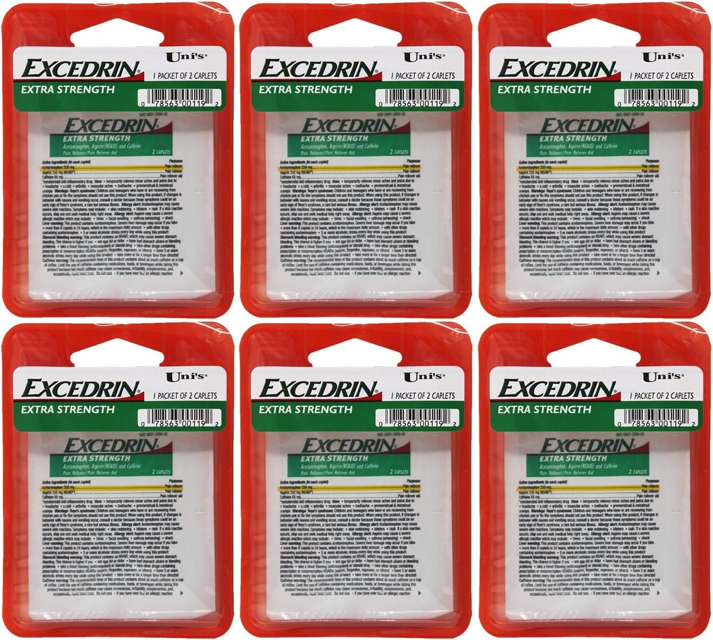 Uni's Excedrin Extra Strength 6 Count Single Dose Relief 2 caplets in each Packet. Relieves Headache, Toothache, Backache, Menstrual Cramps, Common Cold ve Muscular Aches yardımcı olur.