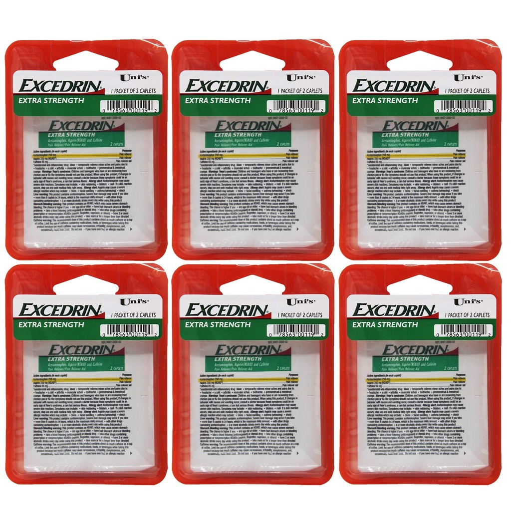 Uni's Excedrin Extra Strength 6 Count Single Dose Relief 2 caplets in each Packet. Relieves Headache, Toothache, Backache, Menstrual Cramps, Common Cold ve Muscular Aches yardımcı olur.