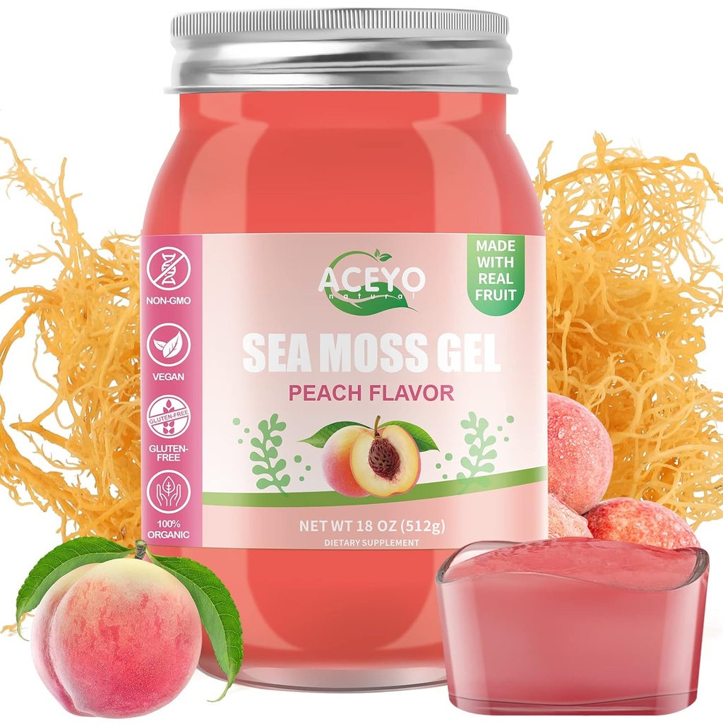 ACEYO (18 OZ) İrlandalı Deniz Moss Gel Organik Raw Vegan Peach Flavor 102 Vitamin ve Minerals Wild Harvested Non-GMO Immune Defense Branson Yourroid Digestive Support Support