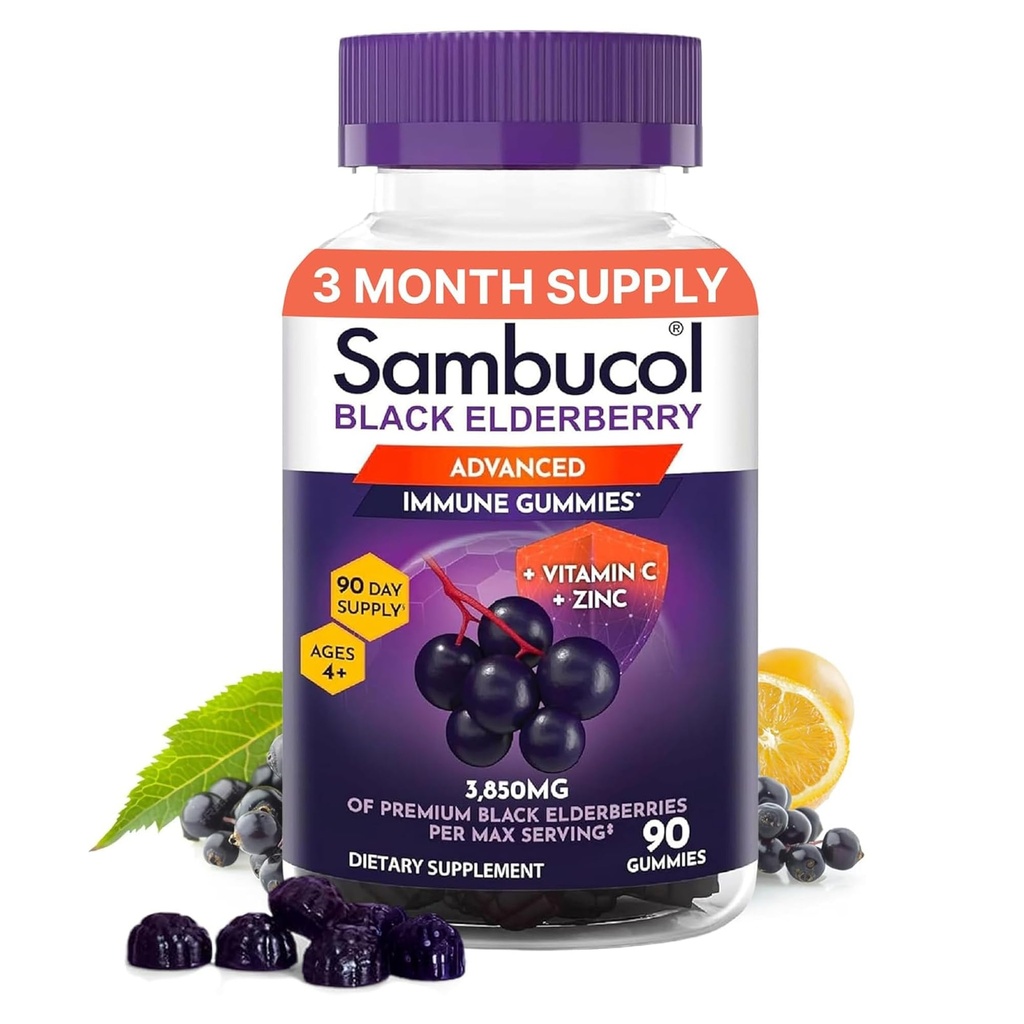 Sambucol Elderberry Gummies for Yetişkinler with Vitamin C; çinko; Sambucus Elderberry Gummies for Immune Support with High Antioksis; Gluten Free; Vegan; 1 Gummy Per Service; 90 Kont (90 Day Supply)